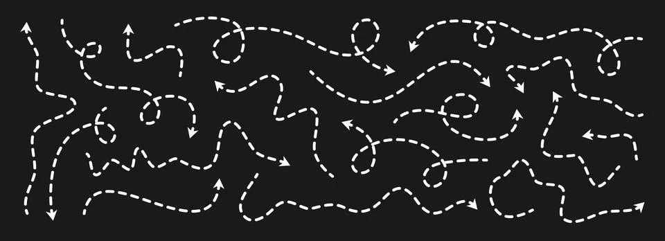Different dotted thin arrows set. Wavy and curved dashed pointers collection Stock Illustration