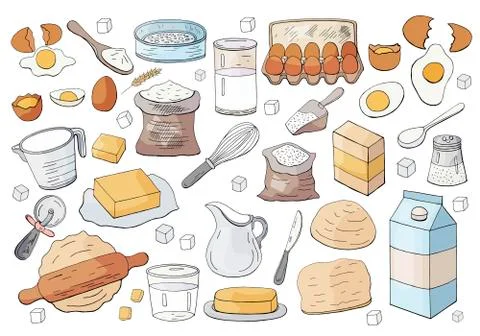 Different dough items and kitchen accessories isolated on white background. Stock Illustration