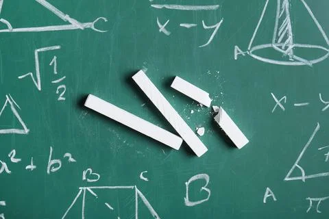 Different drawn geometric figures and math formulas with white chalks on gree Stock Photos