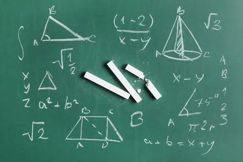 Different drawn geometric figures and math formulas with white chalks on gree Stock Photos