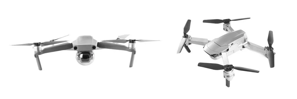 Different drones on white background. Modern gadget Stock Photos