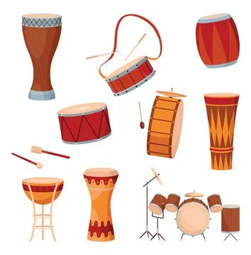 Different drums and percussion big set vector flat illustrations isolated over Stockillustratie