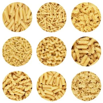 Different dry uncooked pasta abstract design composition Stock Photos