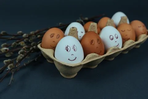 Different Easter eggs with painted funny faces in carton box and willow branches Stock Photos