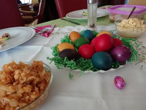 Different easter eggs on the table Stock Photos