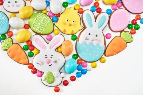 Different easter ginger cookies isolated on white. Stock Photos