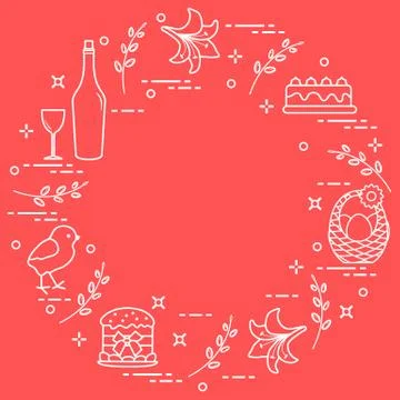 Different Easter symbols arranged in a circle: simnel cake, chick, lily, bask Stock Illustration