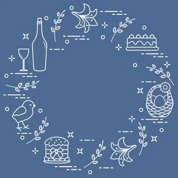 Different Easter symbols arranged in a circle: simnel cake, chick, lily, bask Illustrazione stock