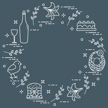 Different Easter symbols arranged in a circle: simnel cake, chick, lily, bask Illustrazione stock