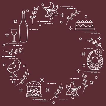 Different Easter symbols arranged in a circle: simnel cake, chick, lily, bask Illustrazione stock