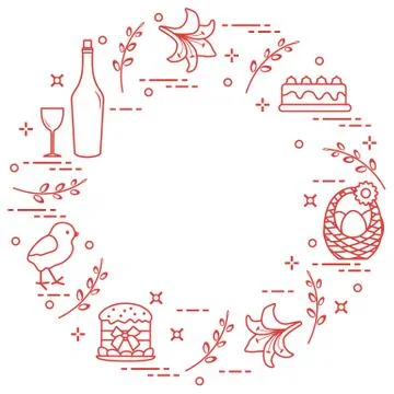 Different Easter symbols arranged in a circle: simnel cake, chick, lily, bask Illustrazione stock