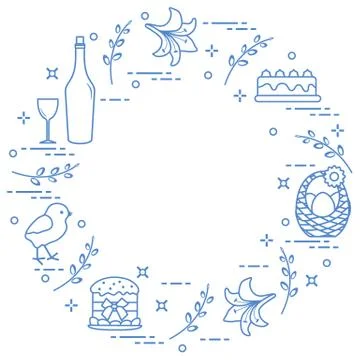 Different Easter symbols arranged in a circle: simnel cake, chick, lily, bask Stock Illustration