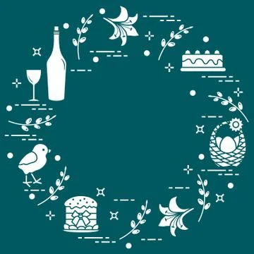 Different Easter symbols arranged in a circle: simnel cake, chick, lily, bask Illustrazione stock