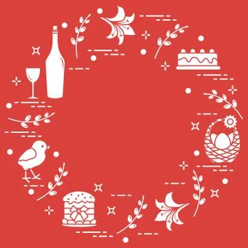 Different Easter symbols arranged in a circle: simnel cake, chick, lily, bask Stock Illustration