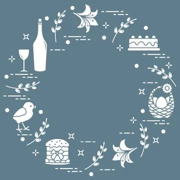 Different Easter symbols arranged in a circle: simnel cake, chick, lily, bask Illustrazione stock