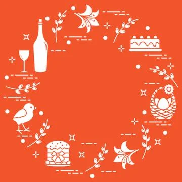 Different Easter symbols arranged in a circle: simnel cake, chick, lily, bask Illustrazione stock