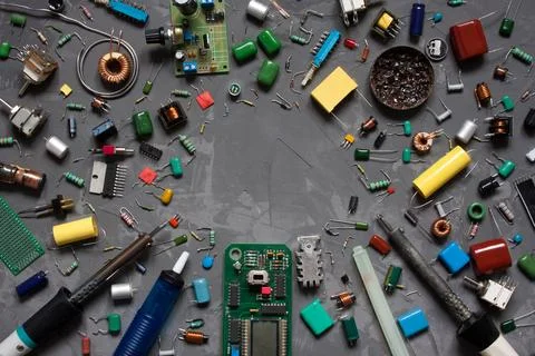 Different electronic components and equipment. set of spare parts DIY Stock Photos