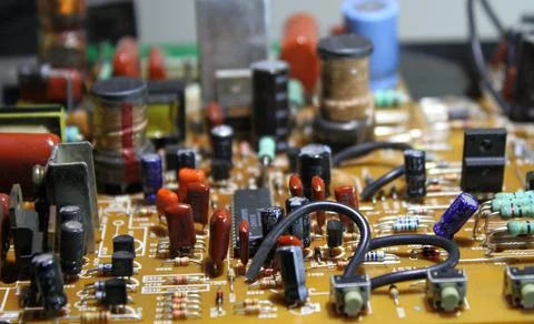 Different Electronic Parts On Computer Board Macro Shot Foto stock