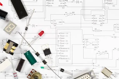 Different electronic parts or components on pcb wiring scheme with resistors, Stock Photos