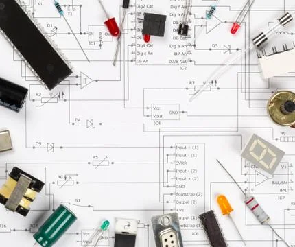 Different electronic parts or components on pcb wiring scheme with resistors, Stock Photos