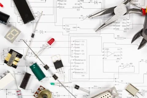Different electronic parts or components on pcb wiring scheme with resistors, Stock Photos