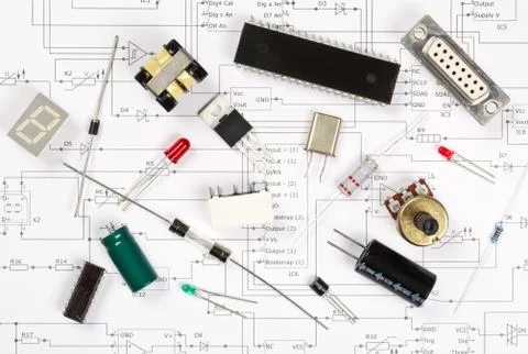 Different electronic parts or components on pcb wiring scheme with resistors, Stock Photos