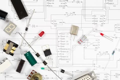 Different electronic parts or components on pcb wiring scheme with resistors, Stock Photos