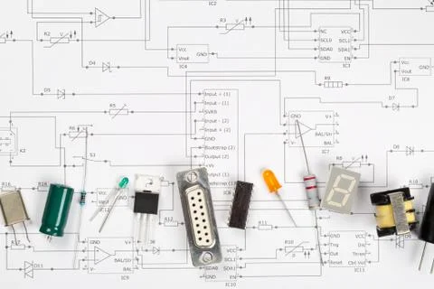 Different electronic parts or components on pcb wiring scheme with resistors, Stock Photos