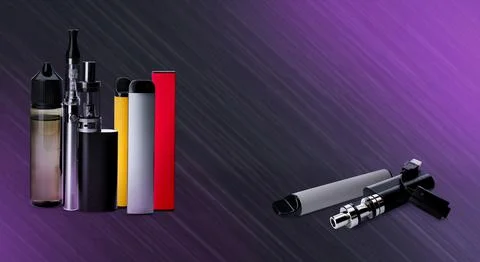 Different electronic smoking devices on color background. Banner design Stock Photos