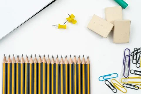 Different elements or essential school supplies such as pencils, erasers and  Stock Photos