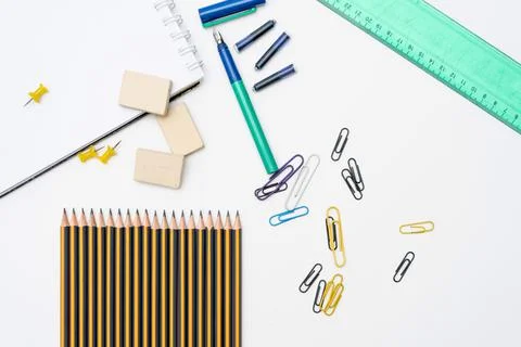 Different elements or essential school supplies such as pencils, erasers and  Stock Photos