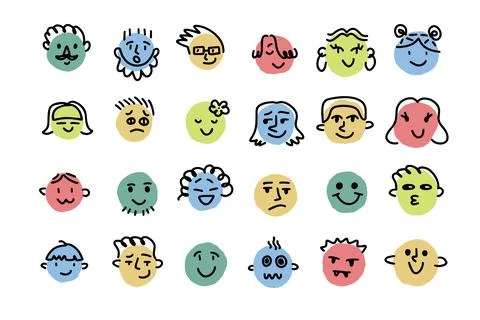 Different emotions and moods. Drawing simple round faces hand drawn cartoon Stock Illustration