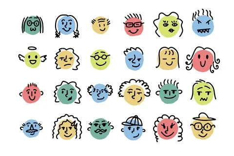 Different emotions and moods. Drawing simple round faces hand drawn cartoon Stock Illustration