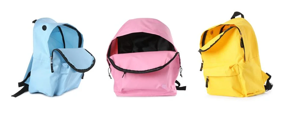 Different empty backpacks isolated on white, collage Photos
