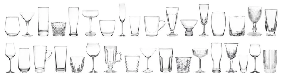 Different empty clean glassware on white background, collage Stock Photos