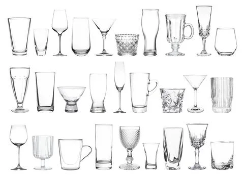 Different empty clean glassware on white background, collage Stock Photos