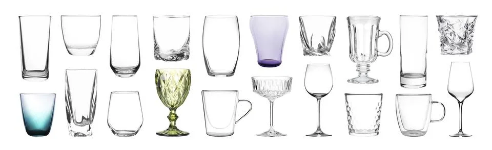 Different empty clean glassware on white background, collage Stock Photos