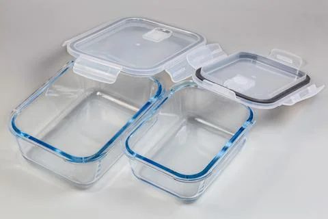 Different empty food glass containers with removed plastic transparent lids Stock Photos