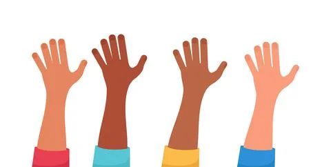 Different ethnic hands raised up isolated on White Background. Vector Illustr Stock Illustration
