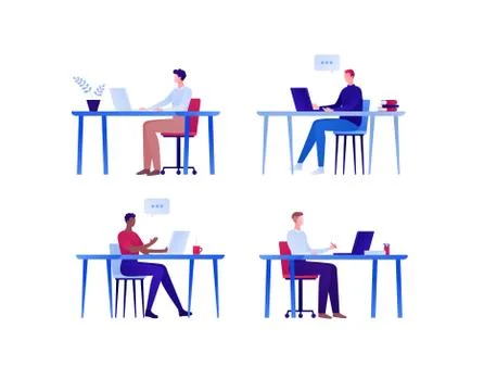 Different ethnic men sitting at table with laptop and talk bubble Illustrazione stock