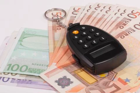 Different euro banknotes with pin code Foto stock