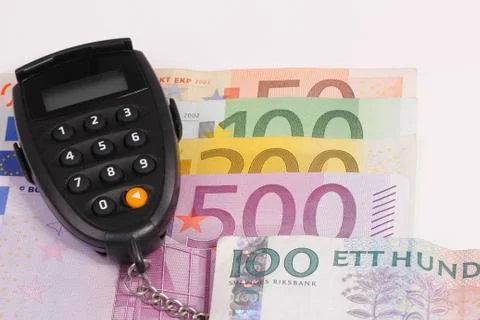 Different euro banknotes with pin code and swedish money Stock Photos