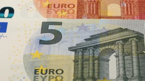 Different Euro banknotes set tracking. Dolly shot. Low angle, macro. 4K Stock Footage 125908665