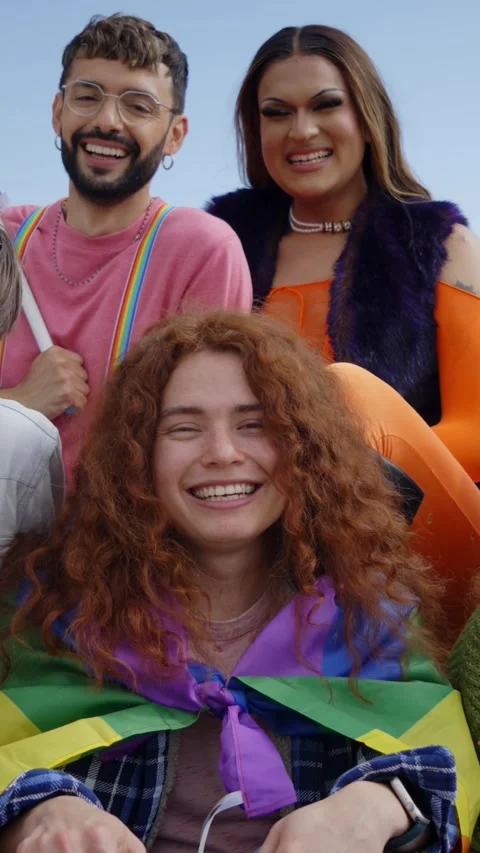 Different excited young friends group celebrating gay pride festival day Stock Footage 270098687