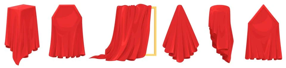 Different exhibition elements covered under red curtain isolated set Stock Illustration