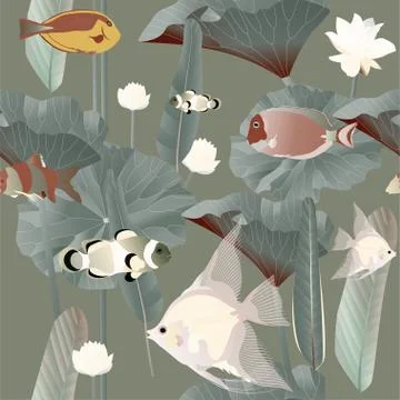 Different exotic tropical fish, algae, palm tree leaves and inflorescence of Illustrazione stock