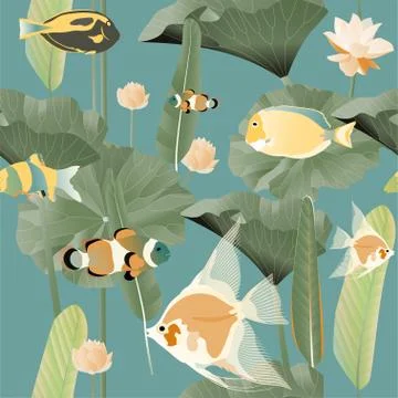 Different exotic tropical fish, algae, palm tree leaves and inflorescence of イラスト素材
