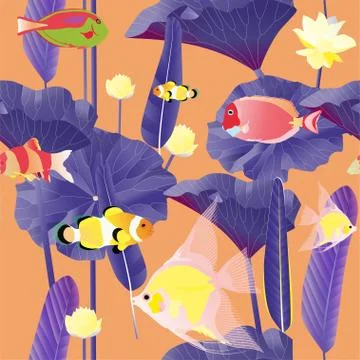 Different exotic tropical fish, algae, palm tree leaves and inflorescence of Stock Illustration
