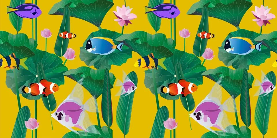 Different exotic tropical fish, algae, palm tree leaves and inflorescence of Illustrazione stock