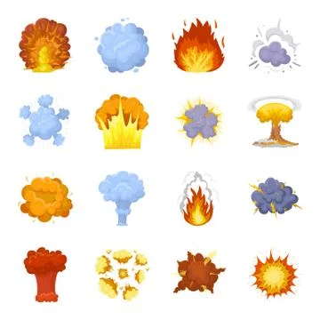 Different explosions cartoon icons in set collection for design.Flash and flame Stock Illustration